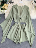 New Summer 2 Piece Outfits For Women Flare Sleeve Crop Top + Broad-legged Shorts Fashion Ladies Sexy Solid Chiffon Suit