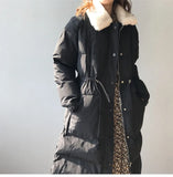 Faux rabbit fur collar women's winter down jacket long drawstring slim zipper ladies chic coat loose oversize outwear