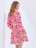 Print Pink Spring Dress For Women V Neck Long Sleeve High Waist Color Block Mini Dresses Female 2022 Fashion