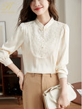 Han Queen New 2023 Autumn Vintage Office Blouse Female Shirt Lace Embroidery Beads Tops Long Sleeve Casual Women Loose Blouses-Outfit