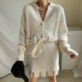 Autumn Knitted Two Piece Set Women Skirt 2021 Korean Fashion Long Sleeve Knit Sweater High Waist Split Mini Skirt Suits 2