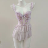 New Mesh Yarn Flower Sweet Embroidered Pyjamas With Chest Cushions Dyed Skinny Pyjamas