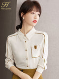 Han Queen 2023 New Arrival Shirt Women's Blouse Vintage Work Casual Tops Chiffon Blouse Elegant Loose Pocket Business Shirts-Outfit