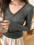 Ribbed V Neck Slim Long Sleeve Knit-Outfit