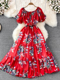 Summer Women Floral Chiffon Dress Vacation Beach Vestidos Female Elegant Slash Neck High Waist A-Line Midi Robe Bohemian