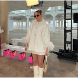 Feather Collar Cape Rhinestone Buttoned Coat-Outfit