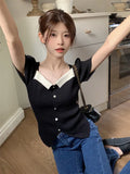 Collar Short-Sleeved T-Shirt Knitted Shirt Women's Summer New Bubble Sleeve French Collared Collarbone Knitted Blouse Korean Temperament
