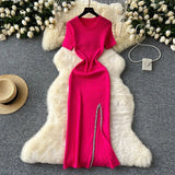 Toloer Senior Sense Dress Female Summer Sexy Sequins Slit Waist Show Thin Round Collar Short Sleeves In The Long Knit