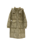 Fashion Waist Hooded Long Down Jacket Female 2024 Winter New Show Thin Three Plate Buckle Warm Coat-Outfit