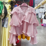 Striped Patchwork Ruffle Blouse For Women V Neck Long Sleeve Elegant Shirt Female Fashion Clothing