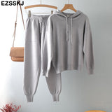 ins 2 Pieces Set Women Knitted Tracksuit hooded Sweater + Harem Pants Pullover 2021 Sweater Set CHIC Knitted hooded