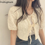 Blusas De Mujer Sweet Blouse for Women Bandage V-neck Puff Sleeve Folds Shirts Crop Tops Summer Fashion Chic Blouses