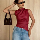 Toloer Women's 2024 New Leather Pile Collar Personality Closed Waist Oblique Hem Sleeveless Jacket Women's Vest-Outfit