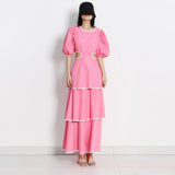 Cut Out Dress For Women Round Neck Puff Sleeve High Waist Solid Midi Dresses Female Summer Clothing Style New