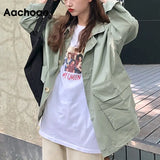 Aachoae Korean Style Loose Cargo Jacket Women Streetwear Batwing Long Sleeve Pockets Coat Vintage Autumn Winter Casual