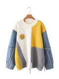 And Winter Cowboy Sleeve Splicing Bumpy Smiley Face Loose-Fitting Sweater Round Collar Knitted Bottoming Shirt