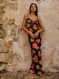 Women's Floral See-through Sleeveless Summer Spaghetti Strap Backless Party Dress Beach Streetwear Cover-up Sundress-Outfit