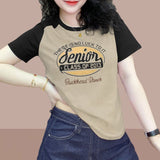 Clothing Cotton T-shirt Women's 2023 Summer New Korean Edition Contrast Printed Round Neck Short Sleeve Fashion Tops-Outfit