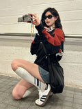 Embroidery Letter Contrast Color Raglan Sweatshirt-Outfit