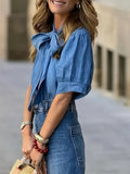 Women's Clothing 2025 Spring And Summer Pure Color Temperament With Middle Sleeve Half-High Collar Shirt