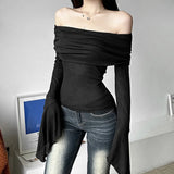 Toloer Summer Women's Solid Color Slim Fashion Temperament A Word Collar Sexy Back Long-Sleeved T-Shirt-Outfit