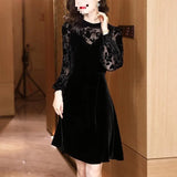 Velvet Dress Woman 2025 New Spring And Autumn Long Sleeves Chopped Flowers Retro Age-Old Light Style Chic