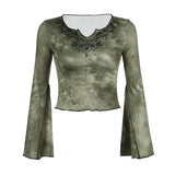 Toloer Print Tie-Dye Color Long-Sleeved T-Shirt New V-Neck Y2K Crop Top-Outfit