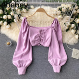 Women Fashion Korean Blouse Square Collar Long Puff Sleeve Solid Slim Tops 2022 Autumn Casual Vacation Short