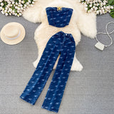 Suit Female Retro Temperament Breast-Wearing Cowboy Vest Two Sets Of Leisure High-Rise Thin Straight