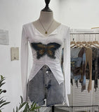 Shooting Pure Sexful V-Neck Umbilly T-Shirt Female Hairy Denim Butterfly Embroidered Mesh Yarn Long Sleeve Top