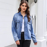 Shoulder-To-Shoulder Long-Sleeved Water Wash Old Collar Vintage Denim Shirt For