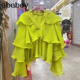 Striped Patchwork Ruffle Blouse For Women V Neck Long Sleeve Elegant Shirt Female Fashion Clothing