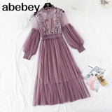 Stand-Neck Long Sleeve Party Dresses Women Solid Sweet Mesh Streetwear Mid-Calf Female Eleglant Summer Lace Dress