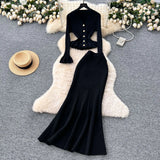 Thousand Gold Wind Senior Feeling Sister Suit Female Autumn Horn Sleeve Knitted Blouse + High-Waisted Fish Tail Half-Body