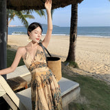 Toloer Retro Halter Dress Female V Collar Small Back Hollow Show Thin Holiday Fairy Skirt