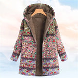 Vintage Ethnic Coats Winter Printed Pockets Hooded Zipper Jackets Full Sleeve Casual Plus Size Plush Parkas