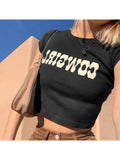 Toloer Women's Ins Wind Spring 2024 New Women's Round Collar Short Tight Letter Print T-Shirt-Outfit
