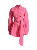 Toloer Casual Pink Shirt 2024 Spring New Design Sense Big Waist Buckle Decoration In The Long Versatile Shirt Woman-Outfit