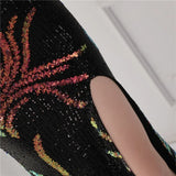 Winter Elegant Velvet With Sequins Deep V Neck Long Sleeve Slit Cocktail Eevening