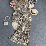 Suit Female Korean Version Of The Lantern Sleeves Loose Single-Chamed Dizzled Dyed Printed Shirt Three Sets Of High-Rise Broad-Legged