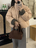 Korean Small Standing Collar Short Cotton Clothing Women's Winter 2024 New Sweet Bump Color Loose Bread Coat-Outfit