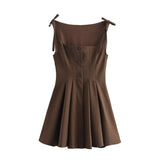 Brown Gingham Tie Up Square Neck Pleated Mini Dress-Outfit