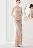 Winter Elegant Velvet With Sequins Deep V Neck Long Sleeve Slit Cocktail Eevening