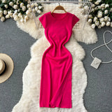 Women Korean Style Knitted Dress 2022 Summer O Neck Solid Short Sleeves Slim Ladies Sexy A Line Long