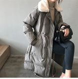 Faux rabbit fur collar women's winter down jacket long drawstring slim zipper ladies chic coat loose oversize outwear