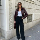 Burgundy Pu Leather Zipper Biker Jacket-Outfit