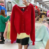 Color Mink Cashmere Pink Cardigan New Korean Autumn Winter Thick Soft Single Breasted Knitting Loose Sweater