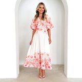 New Spring And Summer Bubble Sleeve V-Neck Women's Slings Print Fairy Gas In The Long Temperament Swing Dress Dress