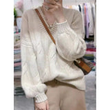 2021 soft and thick cashmere sweater women autumn and Winter Bubble Sleeve v neck loose lazy wind wool knitted sweater