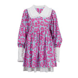Toloer Spring New Dress Fashion Long Sleeve High Waist Print A-Line Skirt Doll Collar Fluffy Skirt-Outfit